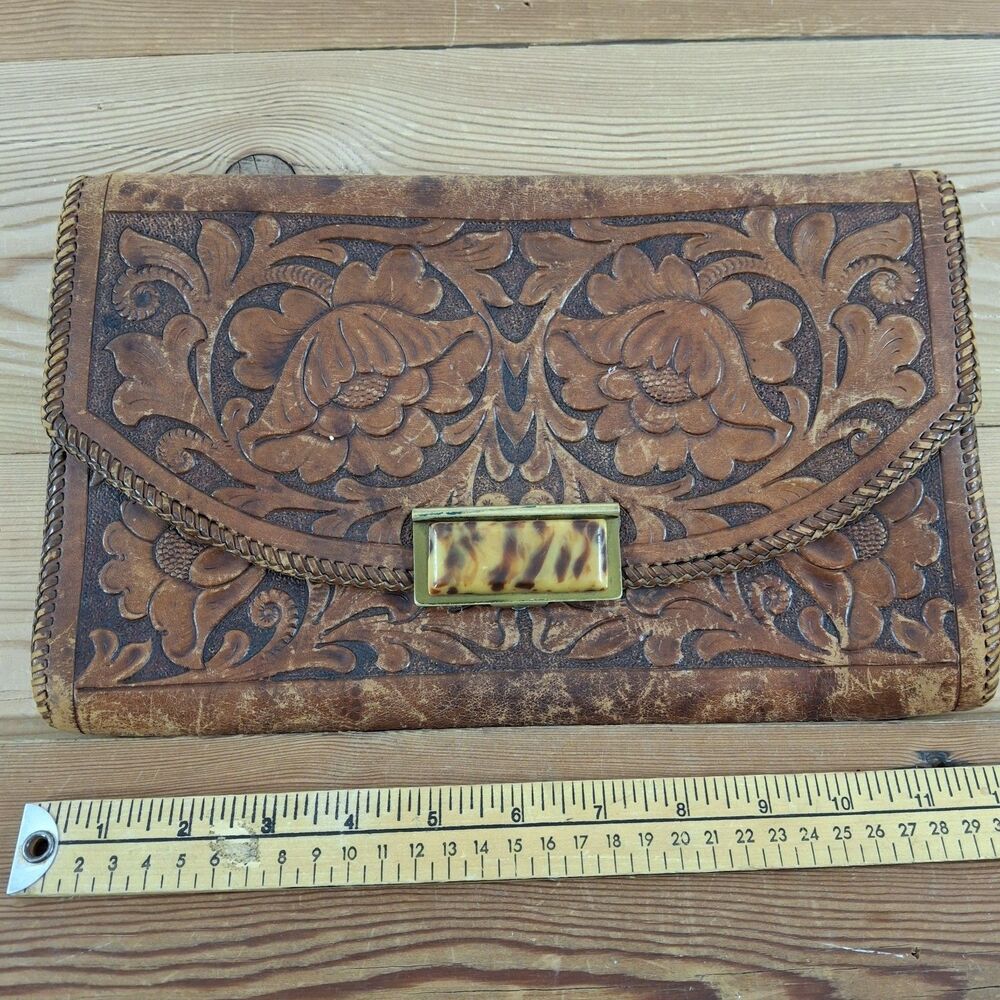 Vintage Tooled Brown Leather Clutch Purse Floral Embossing Braided Edge...